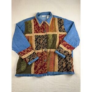 Units Woman Patchwork Denim Jacket 2XL Boho Floral Paisley Beaded Button Front